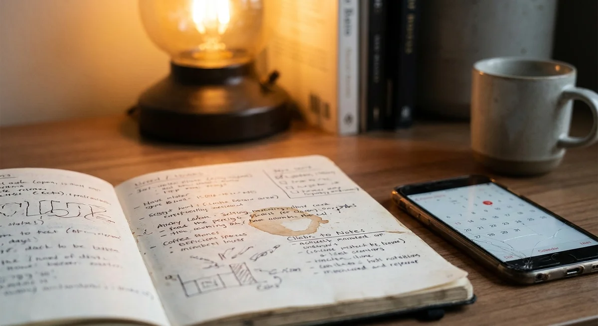 Open study notebook with handwritten notes beside a phone on a desk with warm lamp light