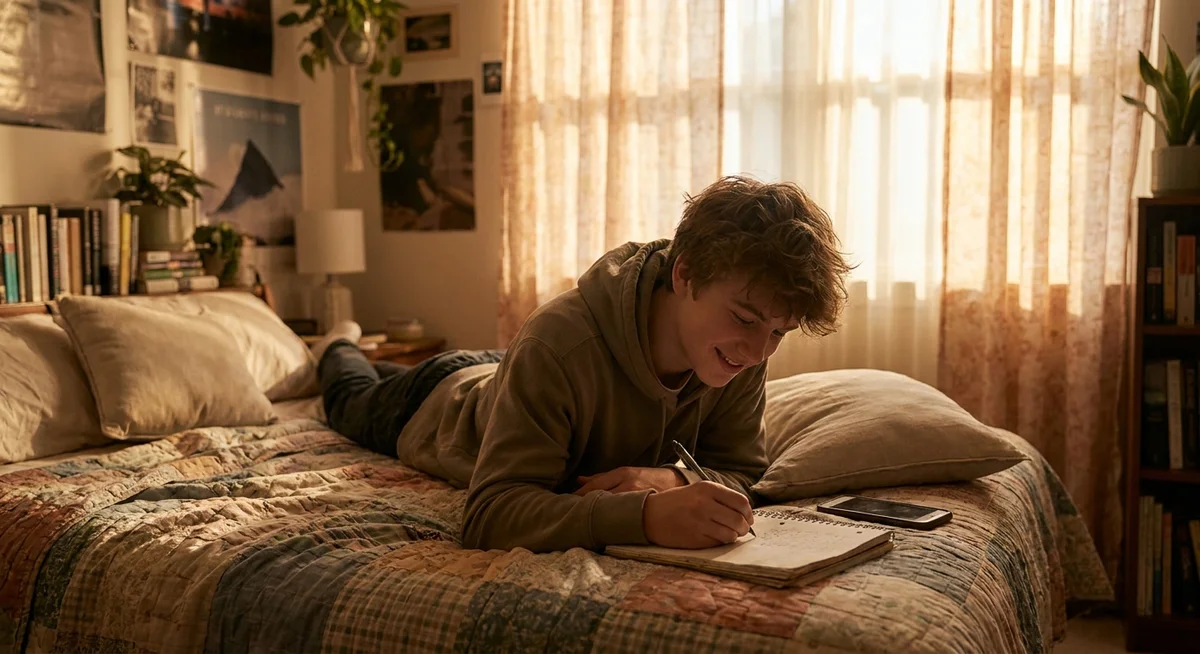 Teen using his phone and notebook to process his thoughts, warm bedroom setting