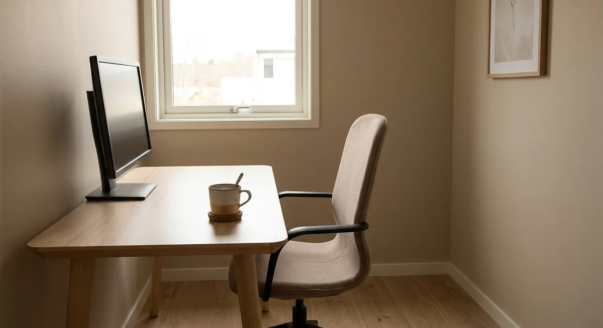 Quiet home office with an empty chair and a coffee cup, evoking the stillness of a remote work day