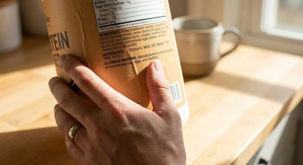 Person reading allergen warnings on a protein powder nutrition label