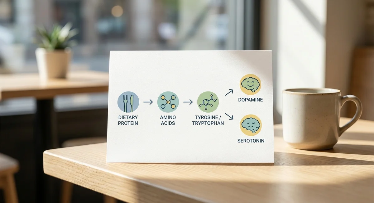 Diagram showing how dietary protein converts to amino acids and then to neurotransmitters dopamine and serotonin