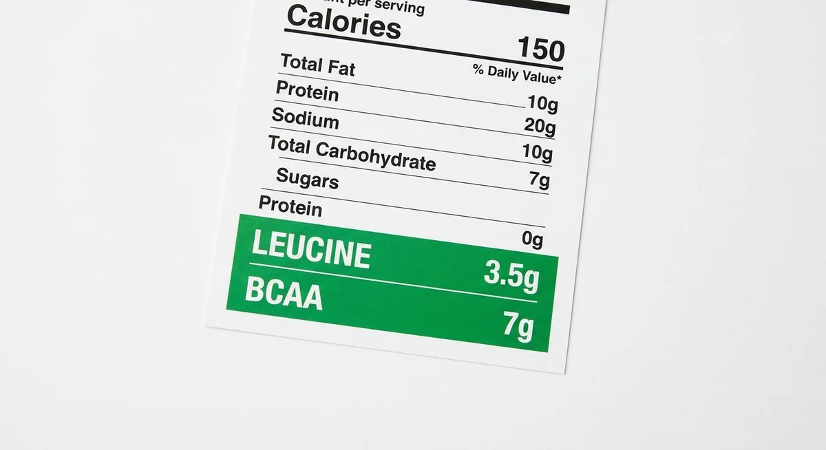 Protein supplement nutrition label showing leucine and BCAA content per serve