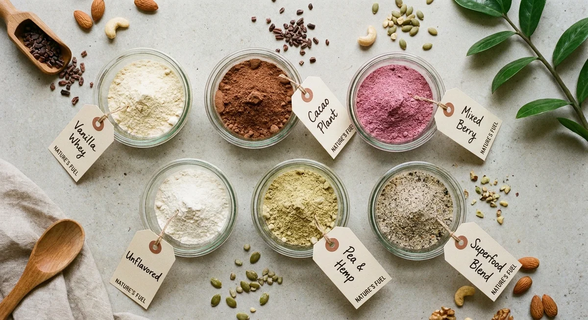 Protein powder samples arranged for taste testing