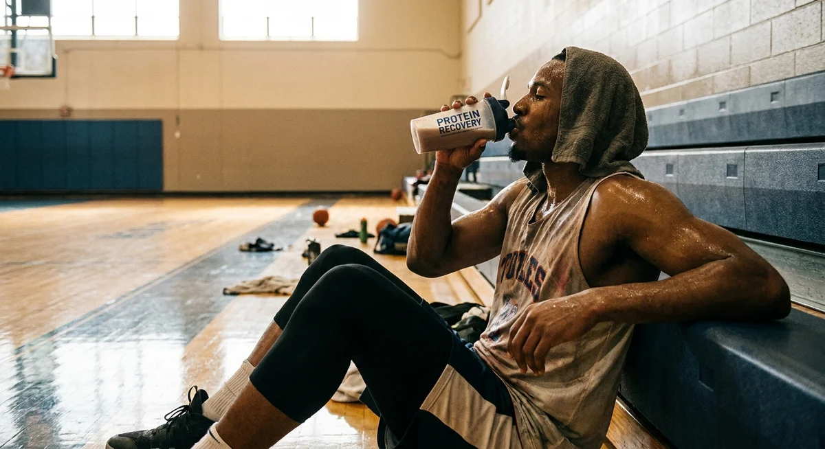 Basketball player drinking a protein shake on the sideline after training