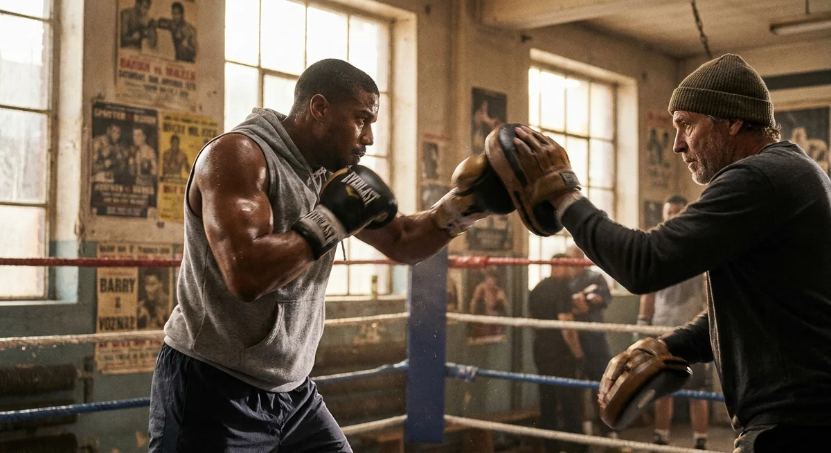 Boxer training on pads with a coach in a boxing gym