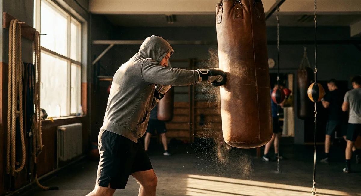 Boxer training on a heavy bag in a boxing gym