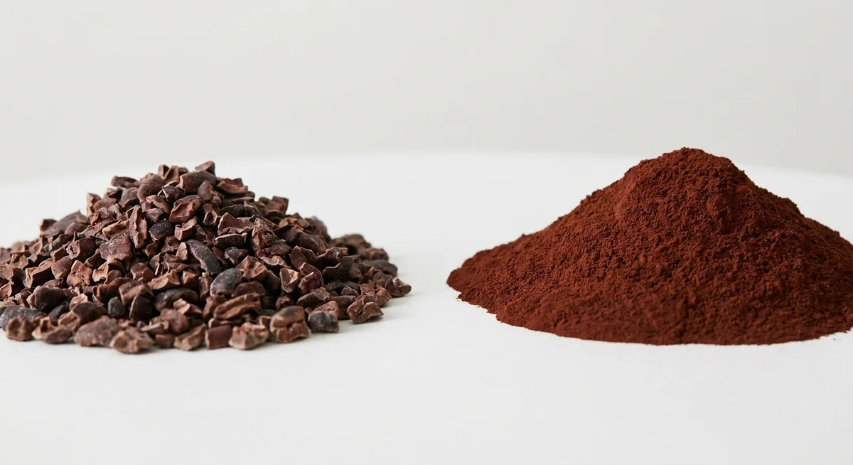 Raw cacao nibs beside dark cocoa powder showing texture and colour differences