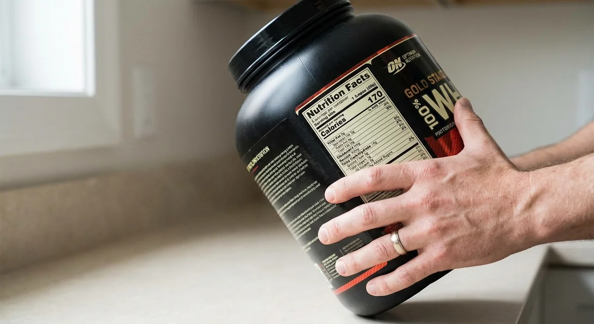 Person reading the ingredient label on a protein powder tub to check for hidden caffeine
