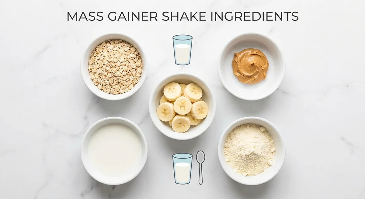 Calorie-dense shake ingredients including oats, peanut butter, banana and protein powder laid out on a marble surface