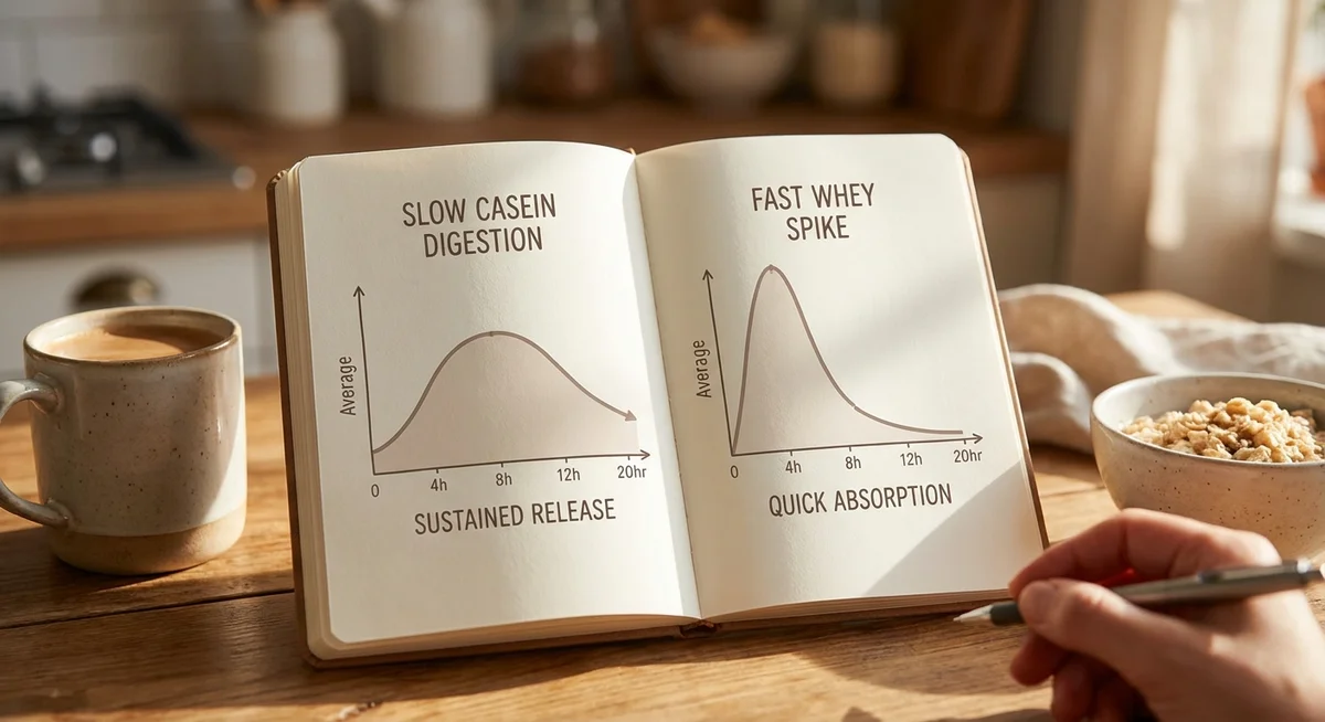 Diagram comparing casein slow-release digestion curve versus whey rapid absorption overnight