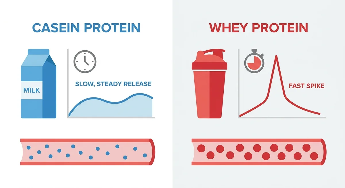 Diagram comparing slow casein digestion versus fast whey digestion overnight