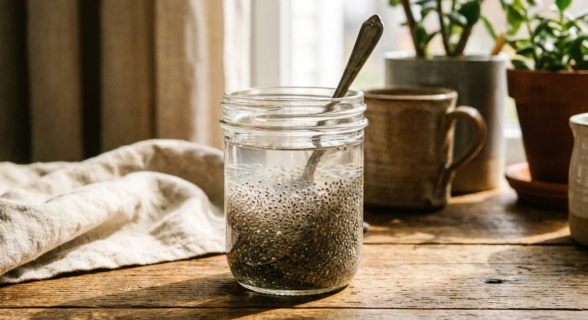 Chia seeds soaking in a glass jar, forming a thick gel after absorbing water