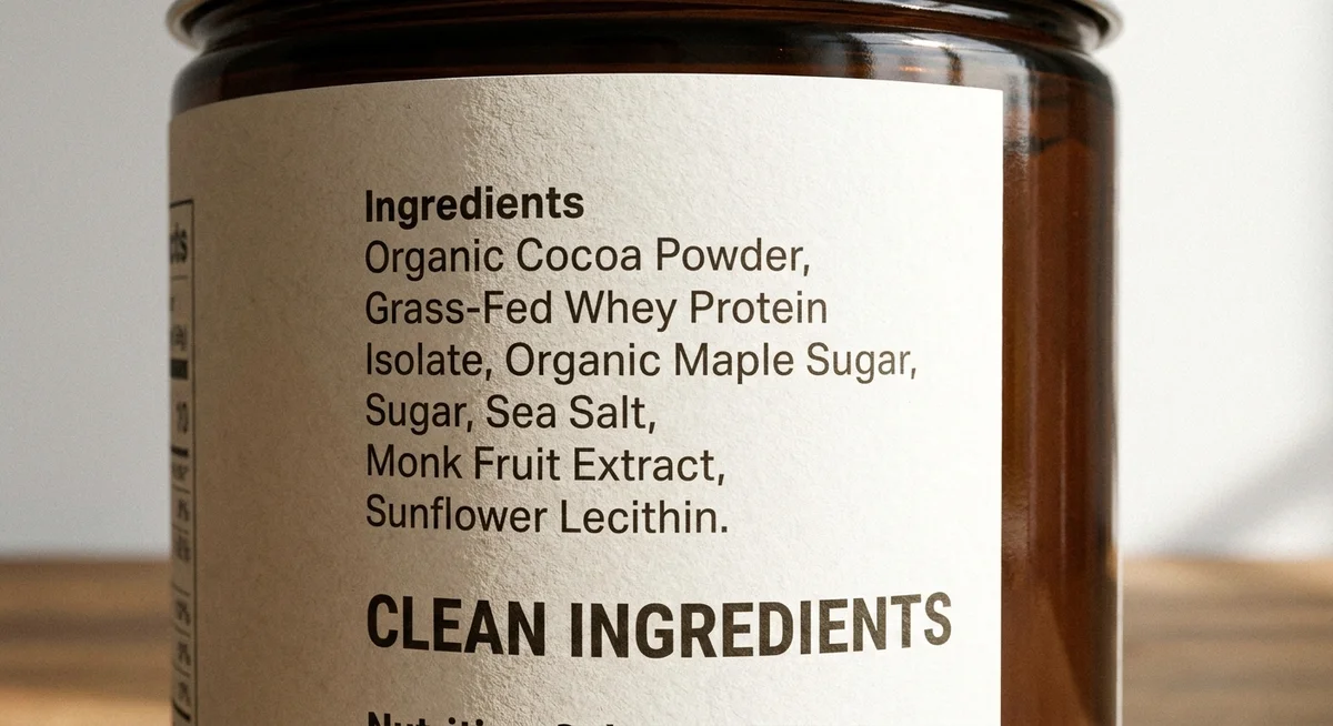Protein powder nutrition label showing real cocoa powder in the ingredients list