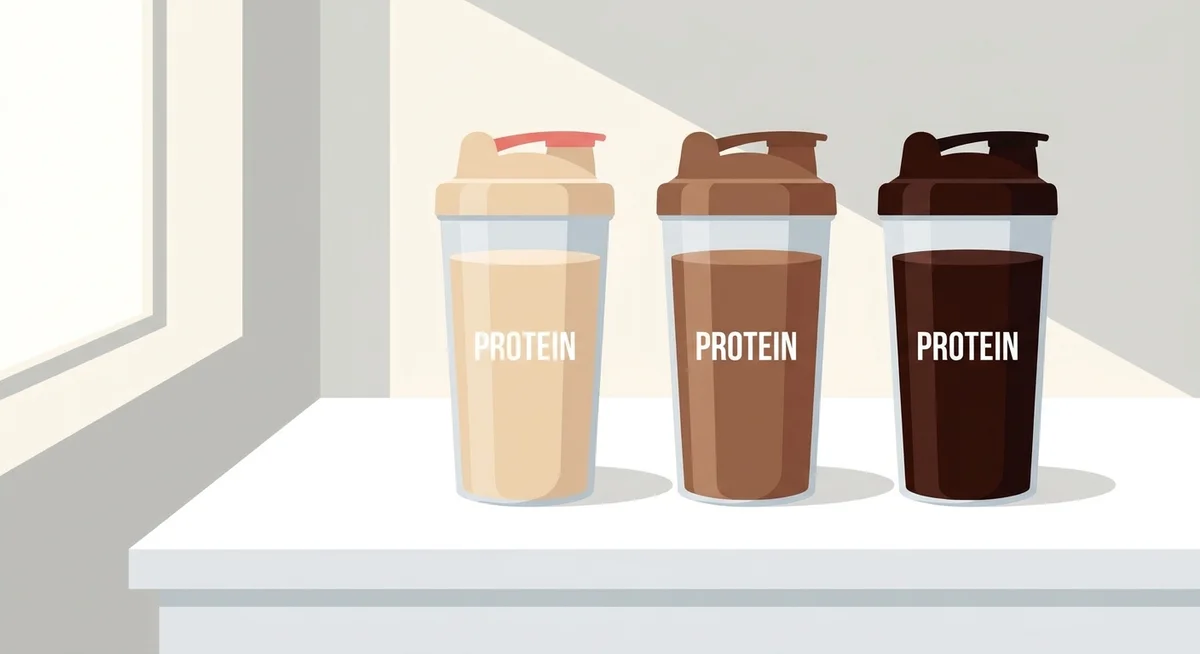 Three chocolate protein shakes made from different protein bases showing colour and texture differences