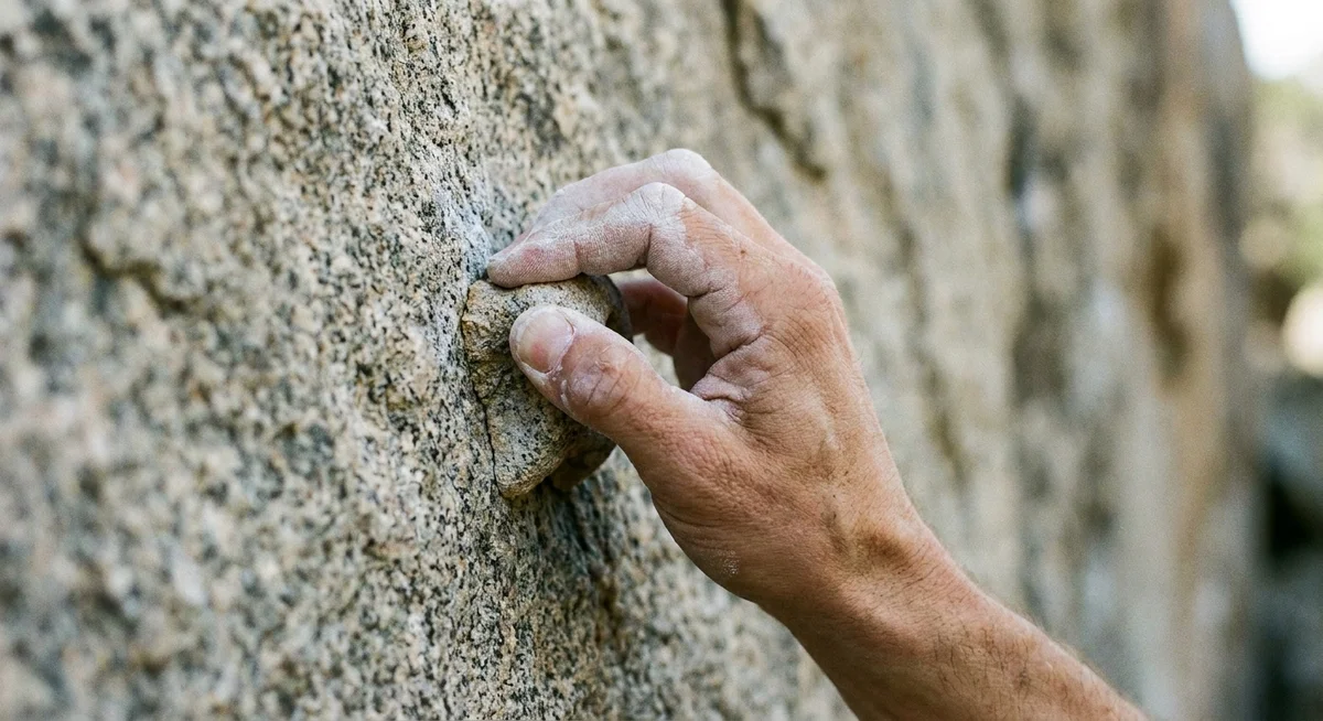 Rock climber gripping a small hold, demonstrating the finger tendon strength central to the sport