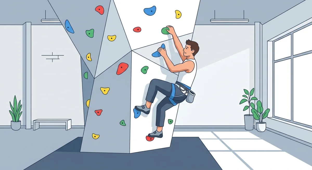 Rock climber training on an indoor bouldering wall with chalk-dusted holds