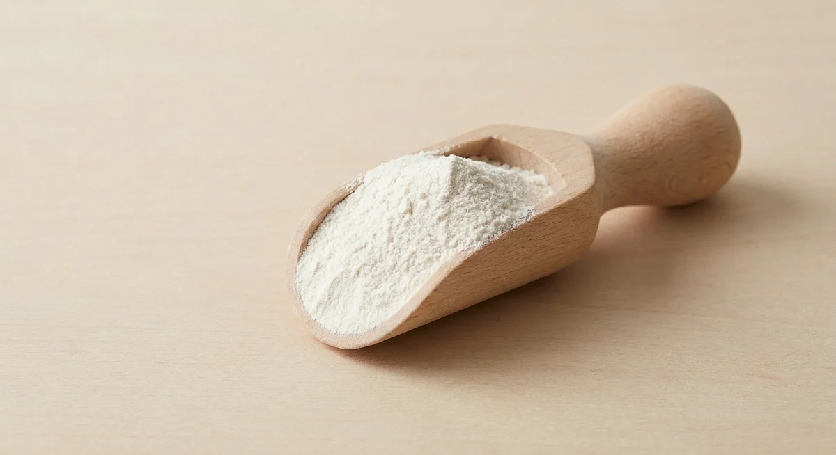 Wooden scoop of collagen peptide powder showing fine texture