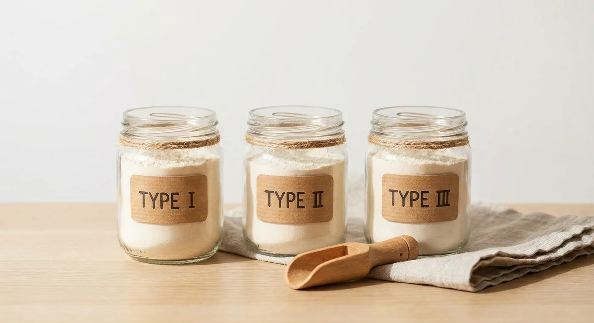 Three jars representing Type I, Type II, and Type III collagen protein powder types