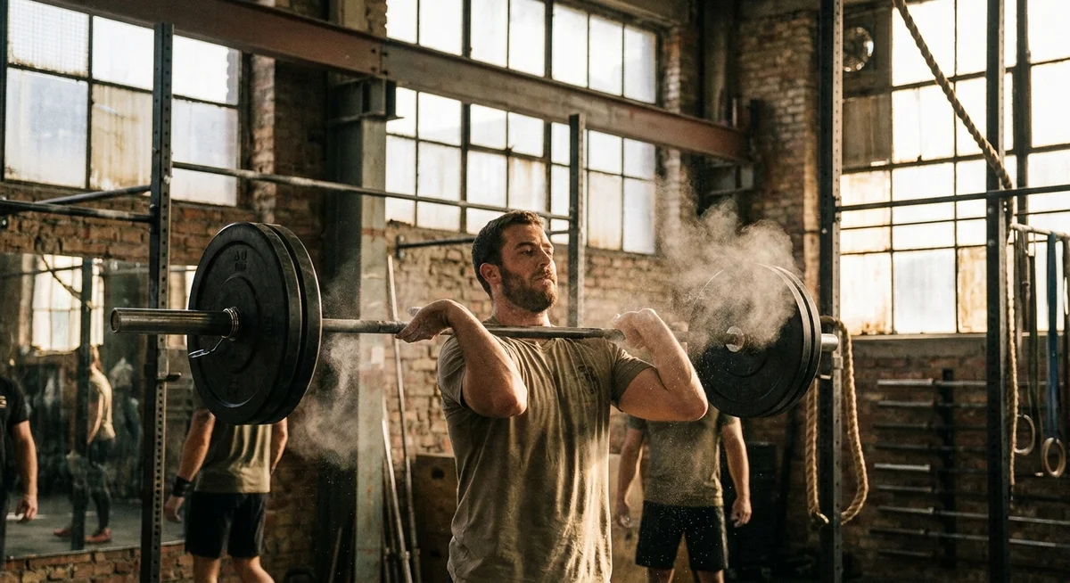 CrossFit athlete performing a barbell clean lift during a WOD