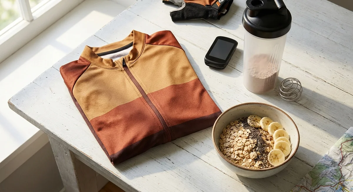 Cycling gear and protein shake laid out for post-ride recovery nutrition