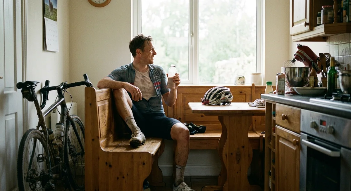Cyclist drinking a post-ride protein shake at home after training
