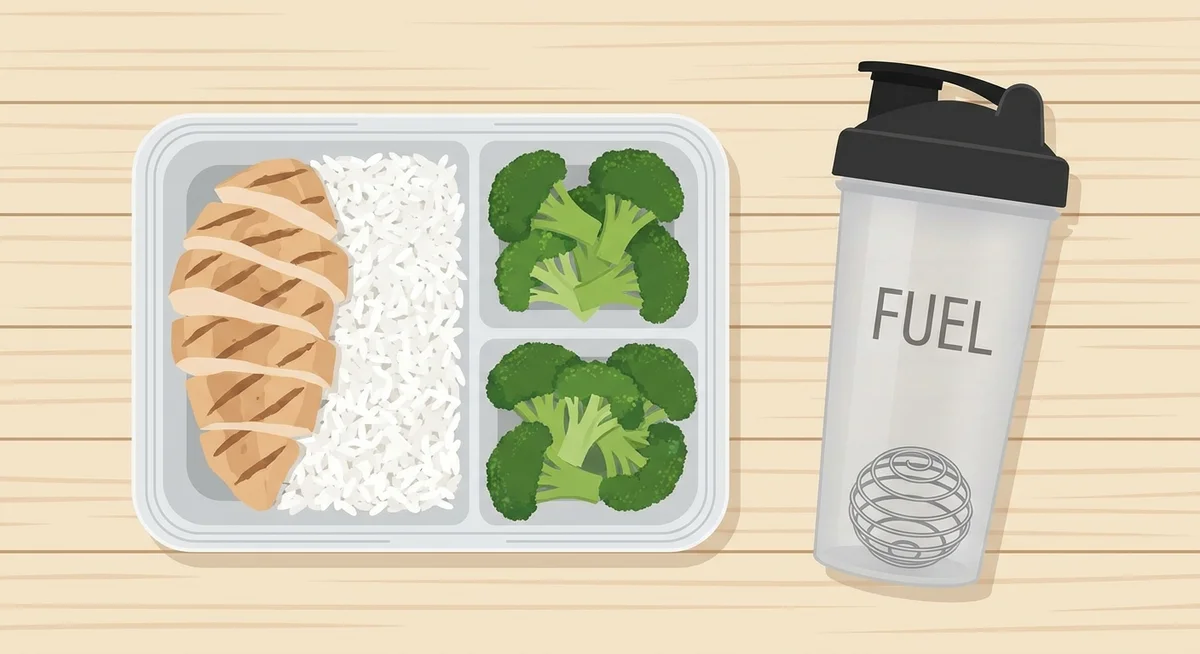 Meal prep container with chicken and rice alongside a protein shaker showing practical protein sources for weight trainers