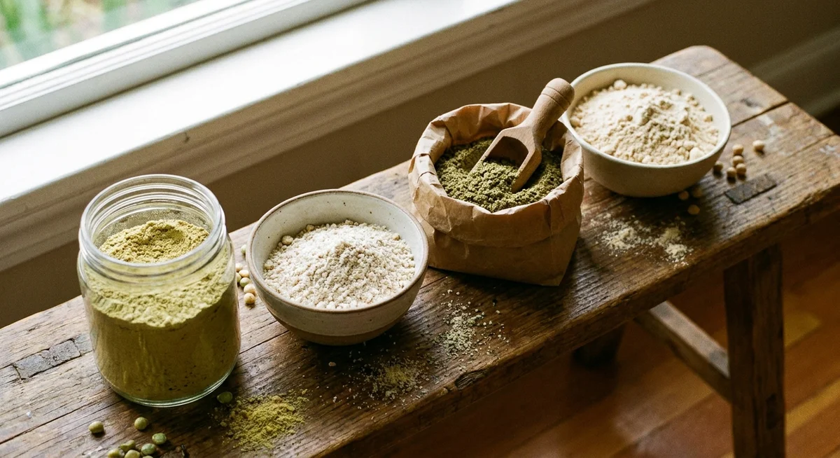 Four different dairy-free plant protein powders side by side showing pea, rice, hemp, and soy varieties