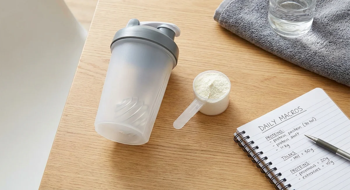 Protein shaker and scoop of egg white protein powder with nutritional notes on a gym bench