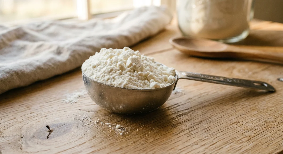 Fine white egg white protein powder in a measuring scoop on a wooden surface