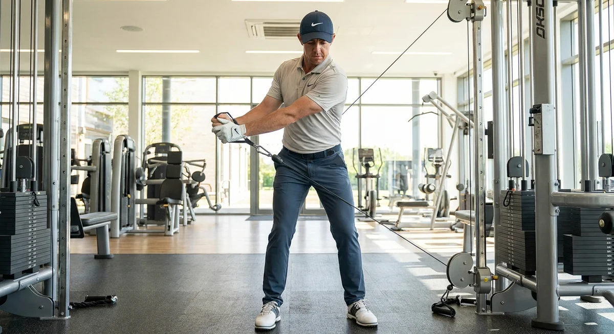 Golfer doing rotational strength training in the gym to improve swing power