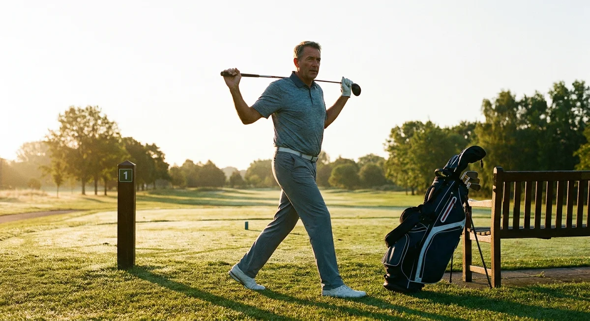Golfer stretching before a round to prepare hip and core muscles