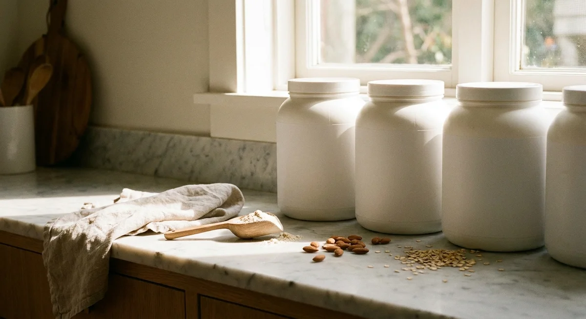 Protein powder tubs lined up for comparison