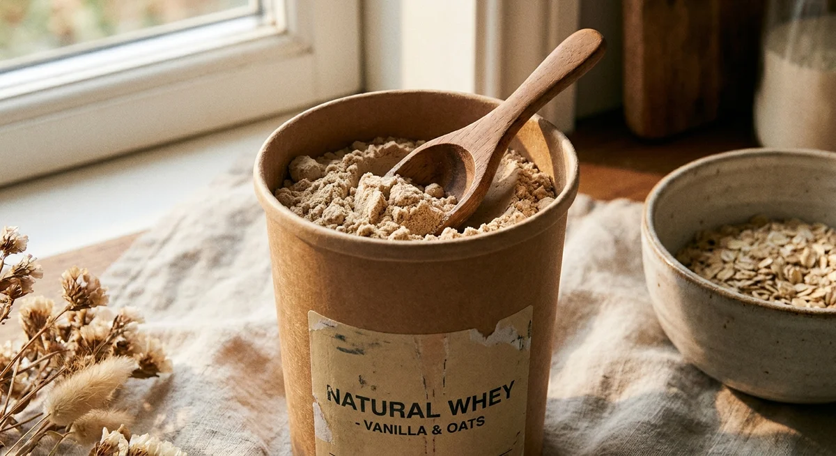 Open tub of protein powder showing texture