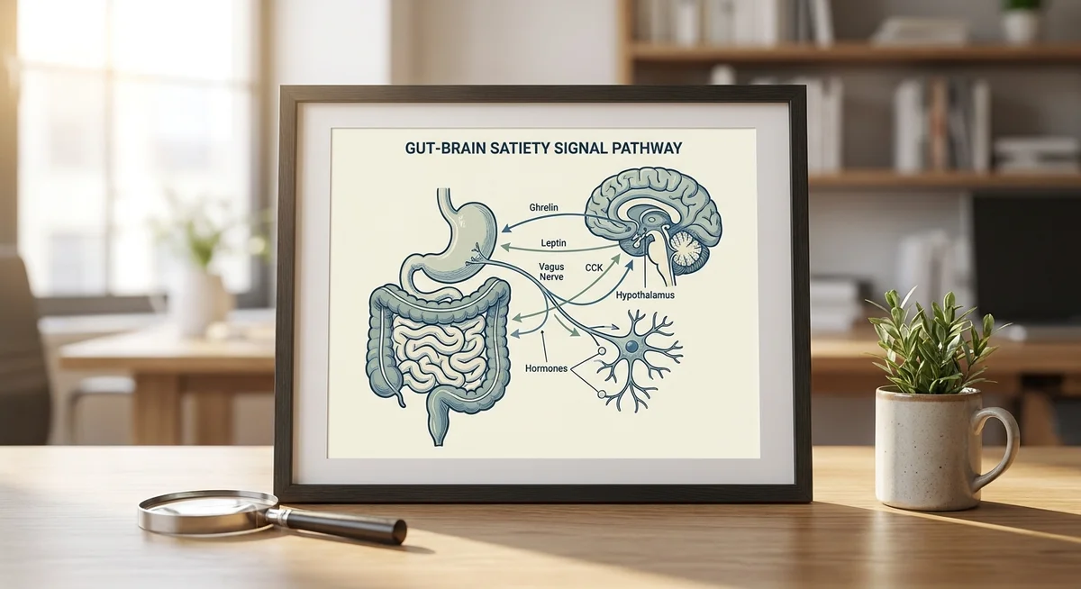 Diagram showing how protein triggers gut hormones GLP-1 and PYY to signal fullness to the brain