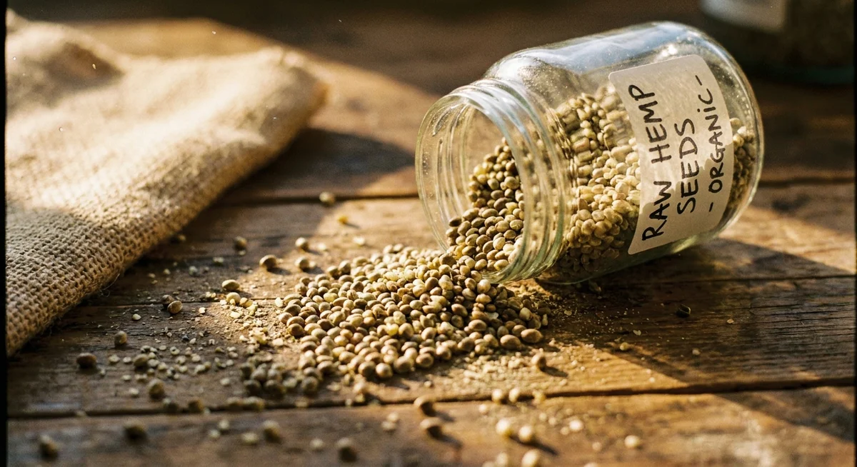 Raw hemp seeds, the source of hemp protein powder, spilling from a glass jar