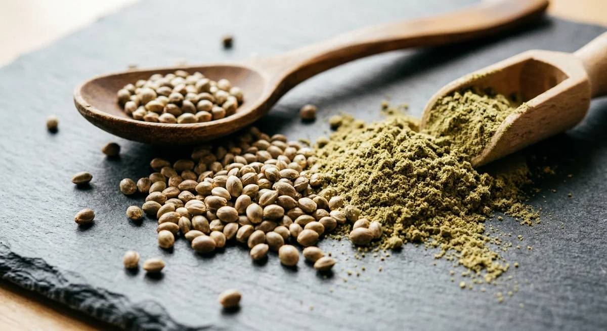 Raw hemp seeds next to green hemp protein powder on a slate surface