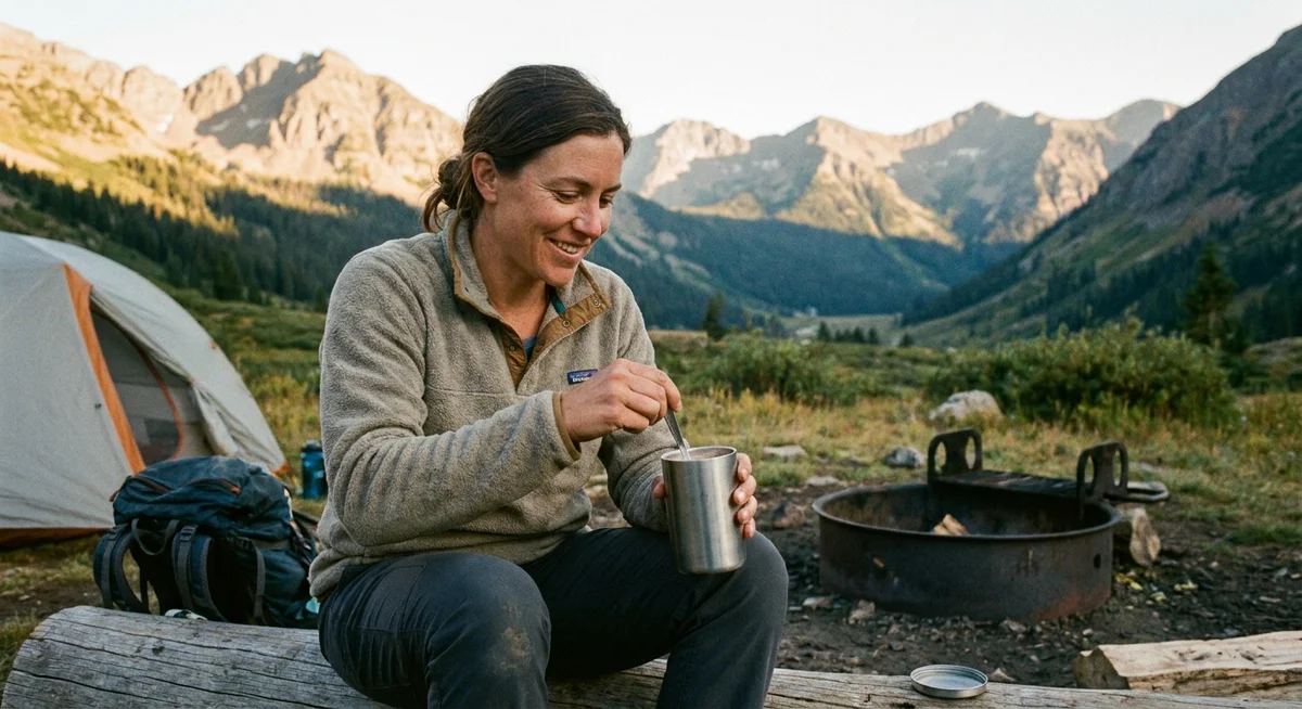 Hiker mixing a protein shake at a mountain campsite during a multi-day trek