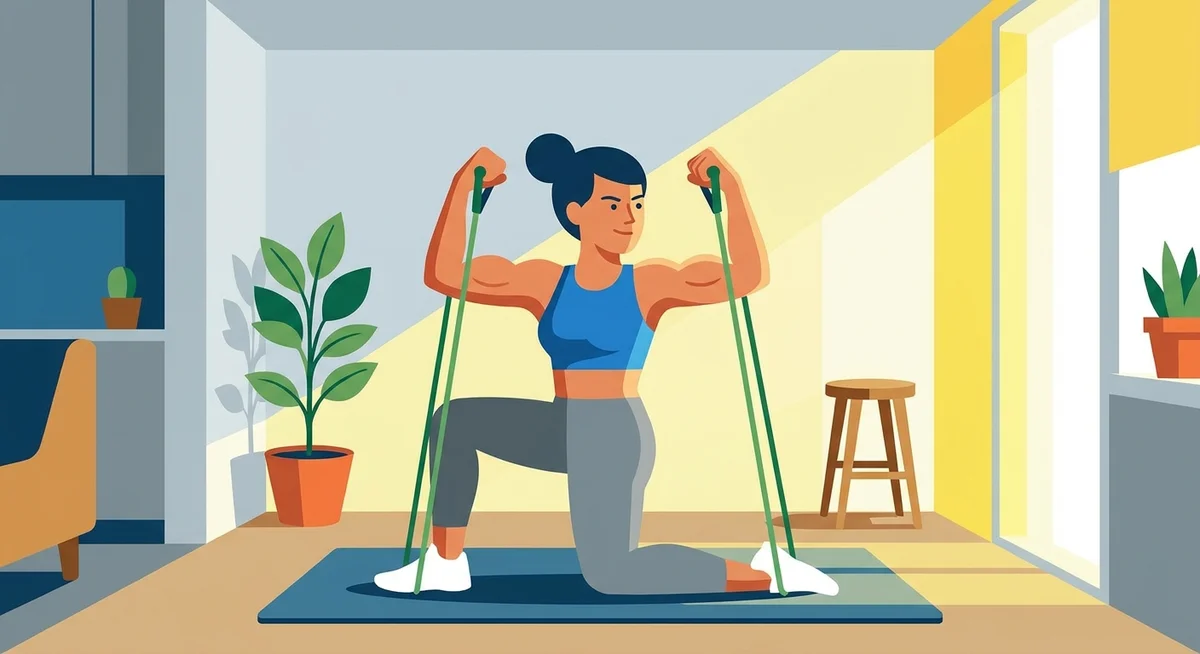 Person doing a resistance band bicep curl during a home workout