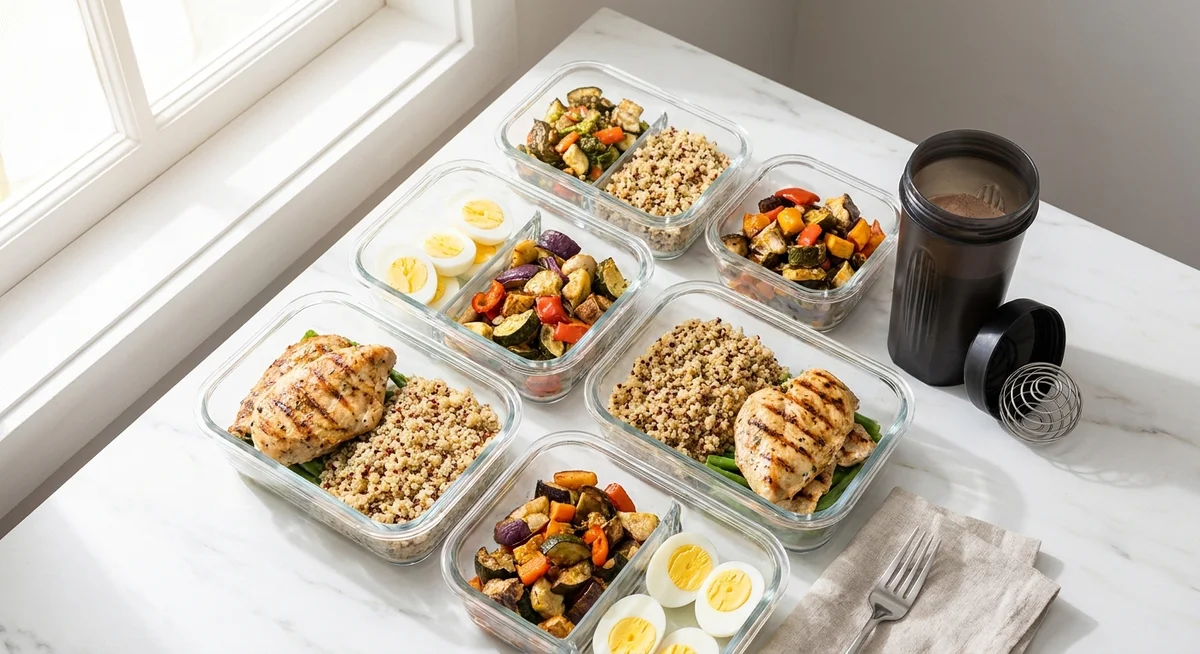 High-protein meals and a protein shaker arranged for an intermittent fasting eating window
