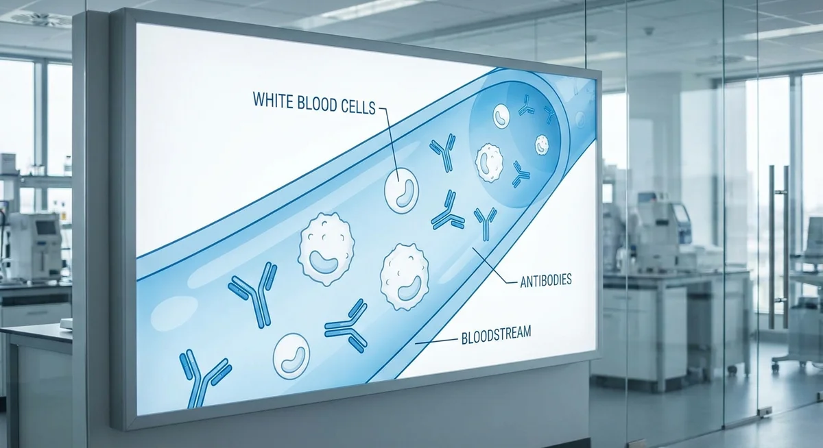 Illustration showing antibodies and white blood cells in the bloodstream, which rely on amino acids to form and function