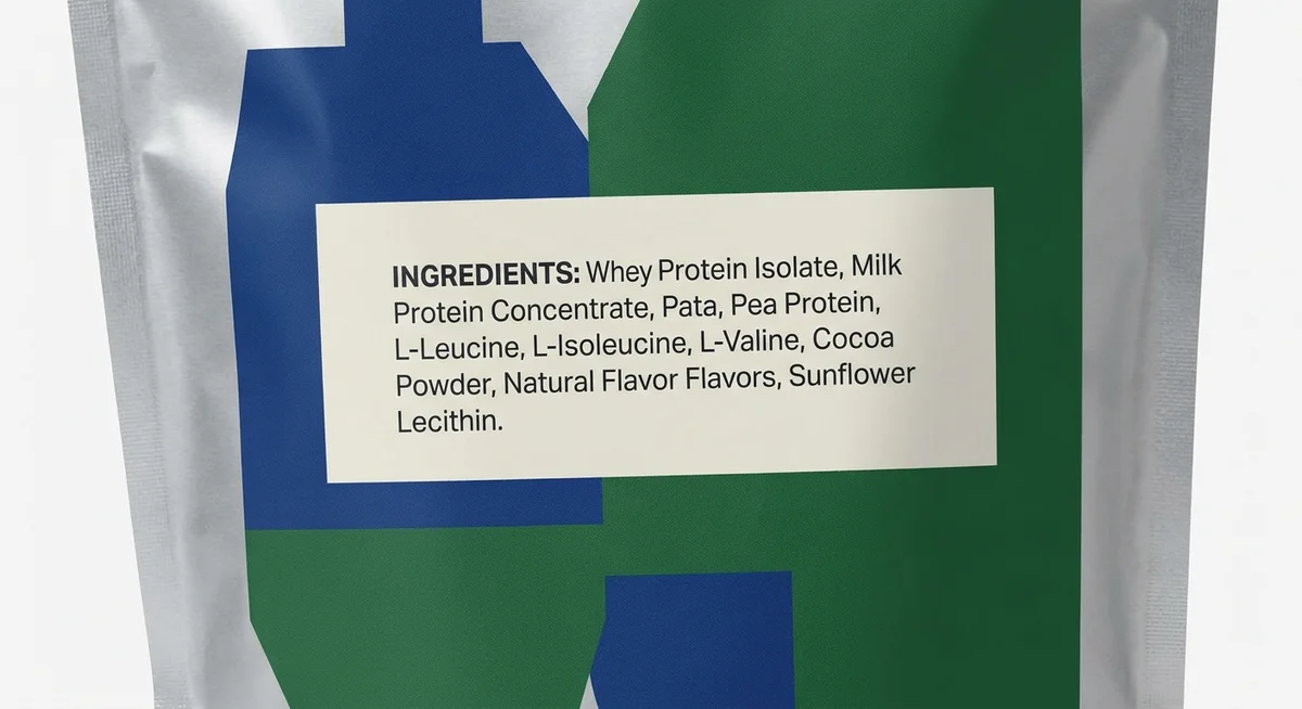 Close-up of a protein powder ingredient list showing amino acids and protein sources