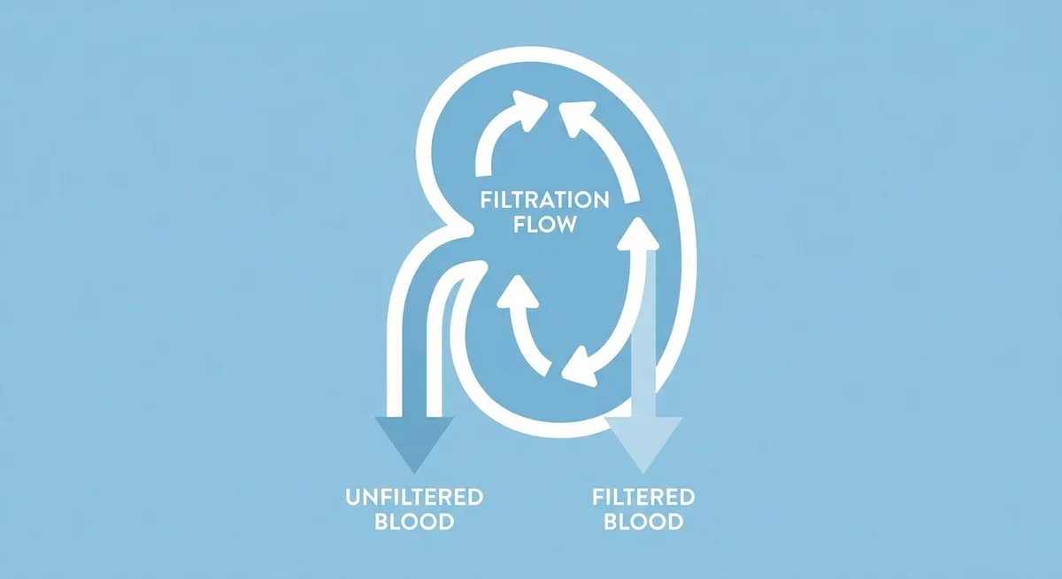 Illustration showing how kidneys filter blood, with arrows indicating increased filtration rate during high protein intake