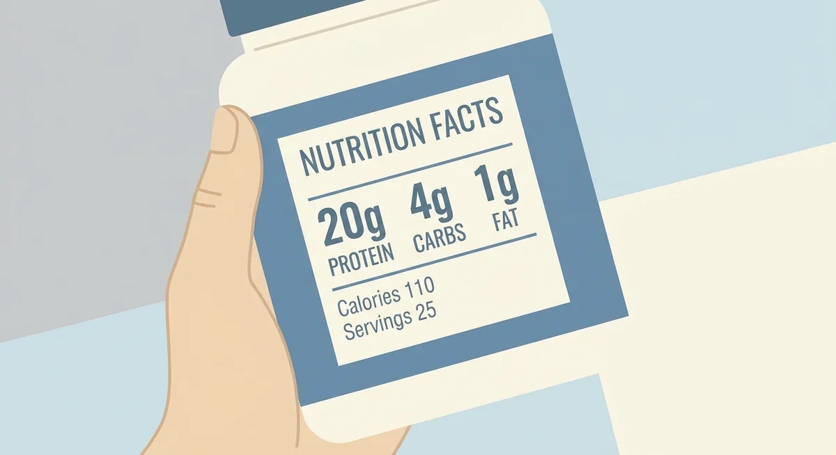 Reading the nutrition label on a whey protein isolate tub to check protein content per serving