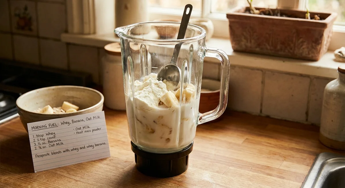 Protein shake being prepared with whey powder and fruit to support muscle health in older adults