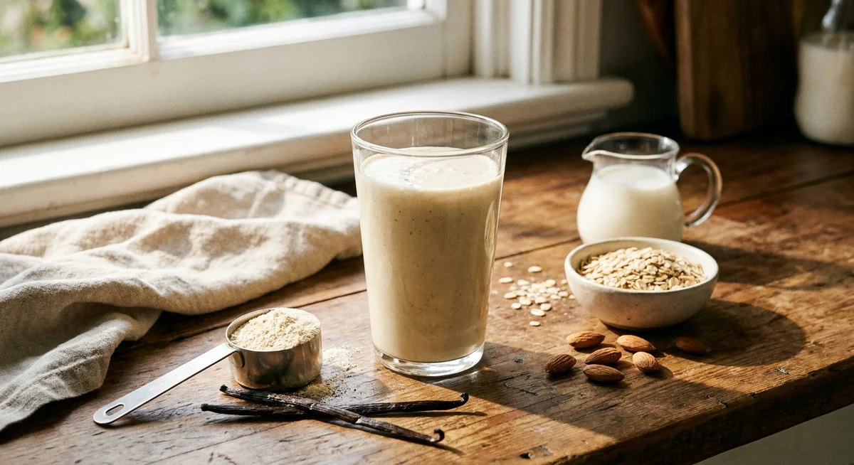 Vanilla protein shake prepared with a scoop of protein powder on a kitchen bench