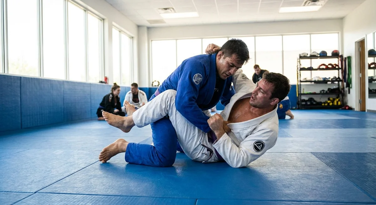Two martial artists drilling grappling technique on a training mat