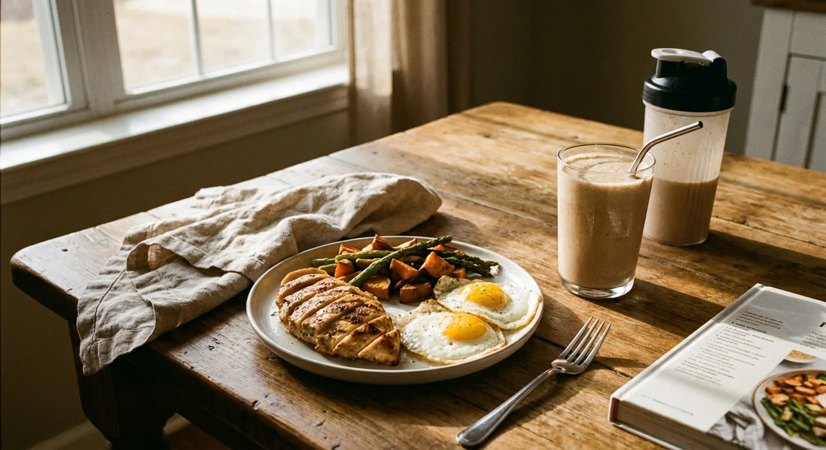 High-protein meal with a protein shake for a man over 60