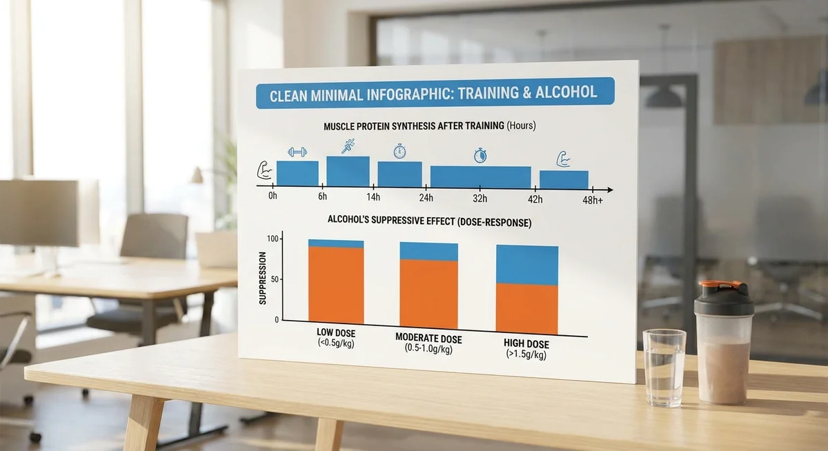 Graph illustrating how alcohol at different doses suppresses muscle protein synthesis after resistance training