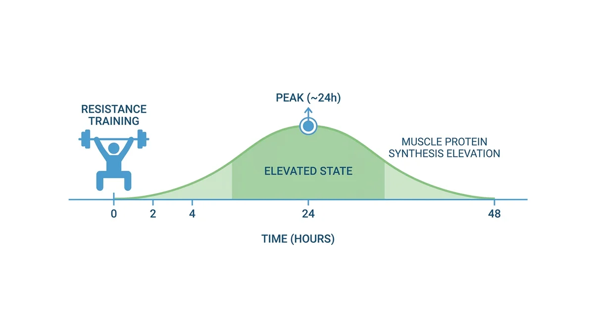 Diagram showing how muscle protein synthesis stays elevated for several hours after resistance training