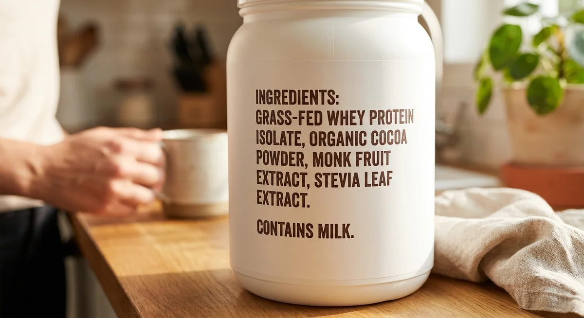 Clean protein powder ingredient panel showing minimal natural ingredients